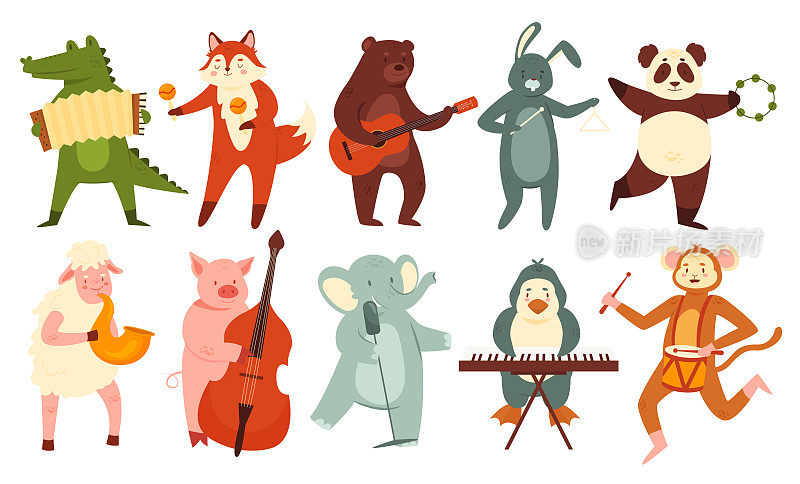 Animals play music set, cute orchestra, band of domestic or wild animal musicians playing